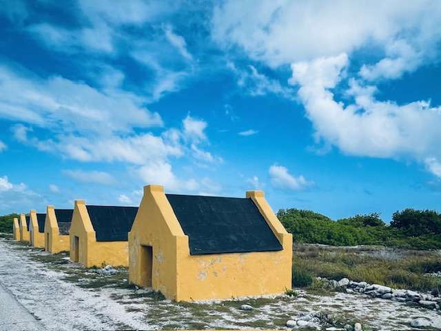 Six small yellow Bonaire Slave Homes with black roofs